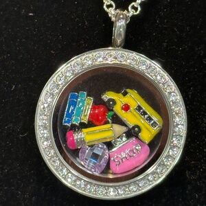 Origami Owl Living Locket TEACHER NECKLACE Bus Apple Books Two-Tone 22" Chain